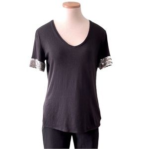 Tory Burch V-neck T-Shirt with Sequined Short Sleeve, Black, Medium